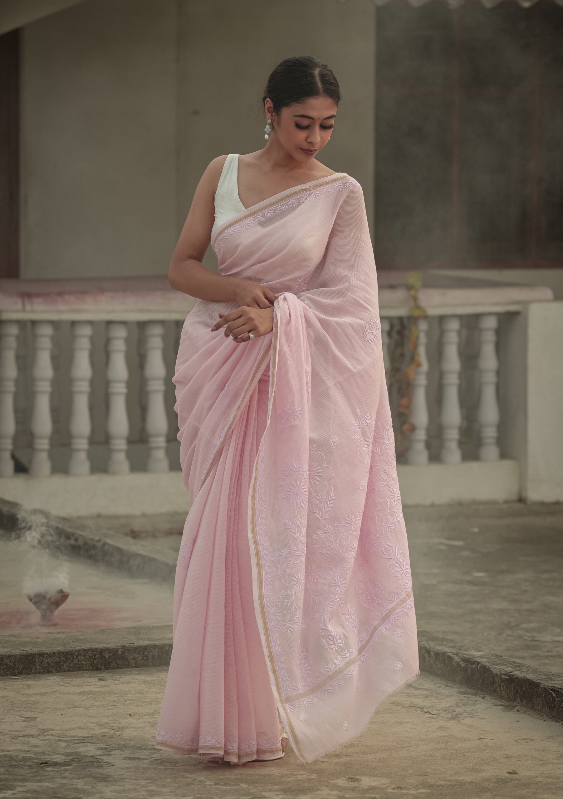 Urviya Chikankari Maheshwari Cotton Saree - Tone on Tone Pink