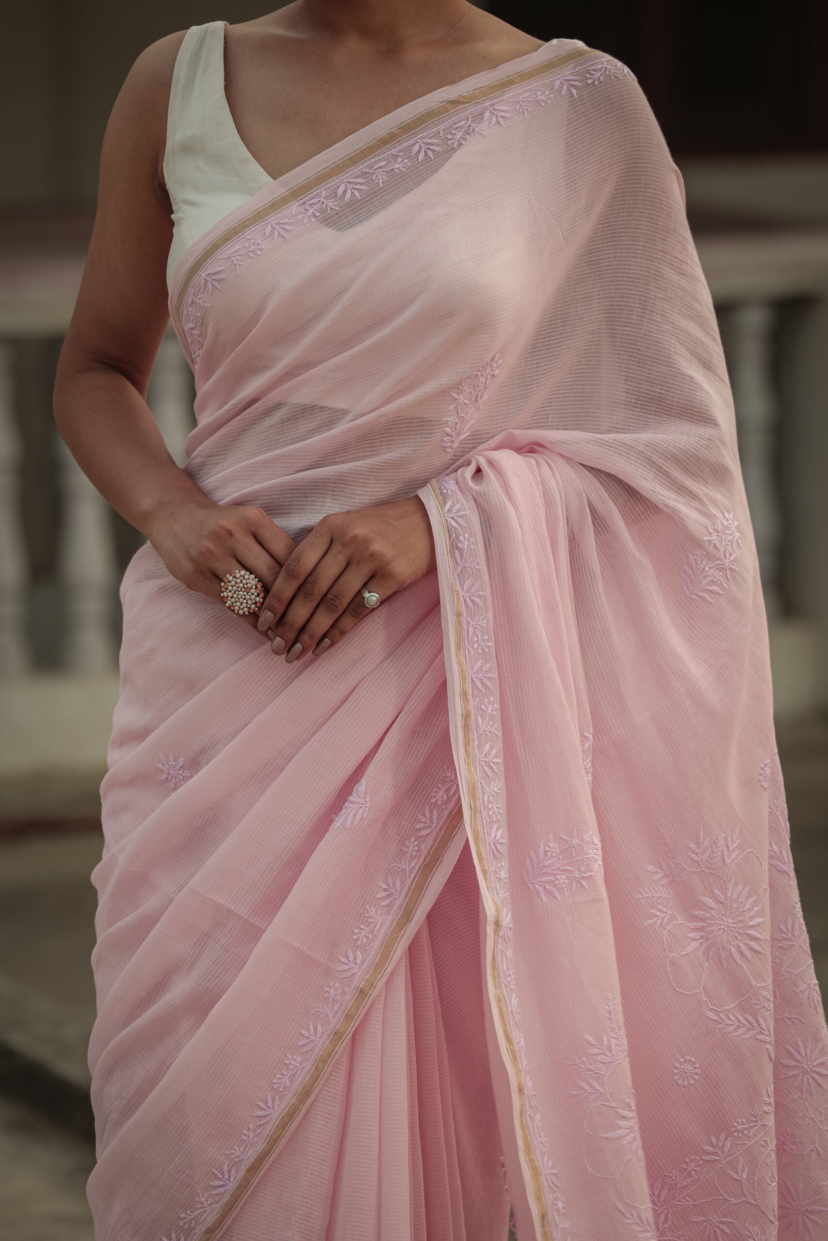 Urviya Chikankari Maheshwari Cotton Saree - Tone on Tone Pink