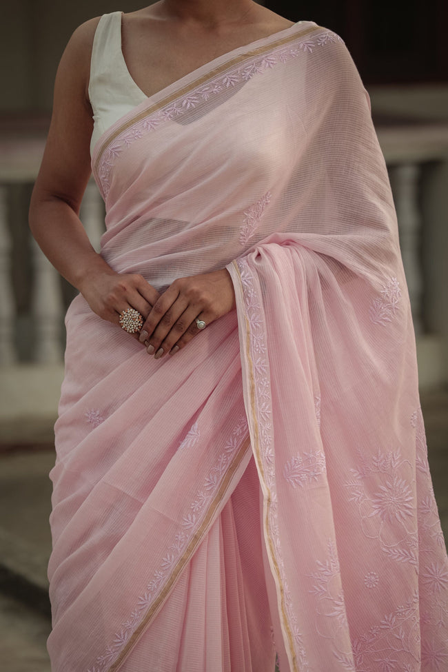 Urviya Chikankari Maheshwari Cotton Saree - Tone on Tone Pink