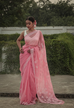 Pink Viscose Georgette Palla Booti Chikankari Saree