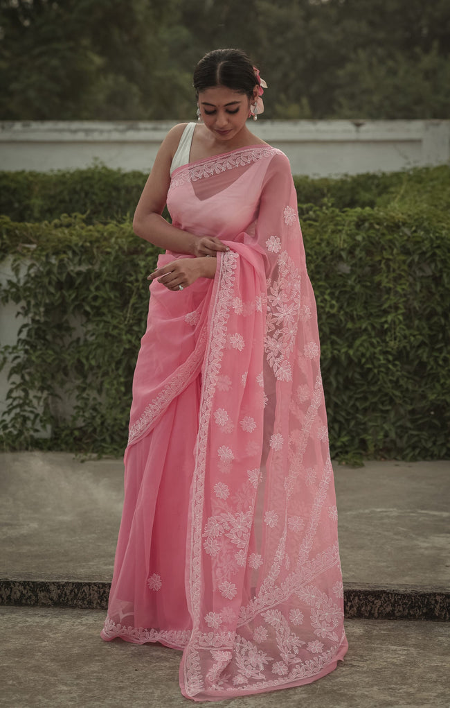 Urviya Chikankari Viscose Georgette Saree with Palla Booti Pink