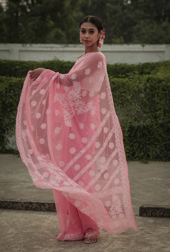 Urviya Chikankari Viscose Georgette Saree with Palla Booti Pink