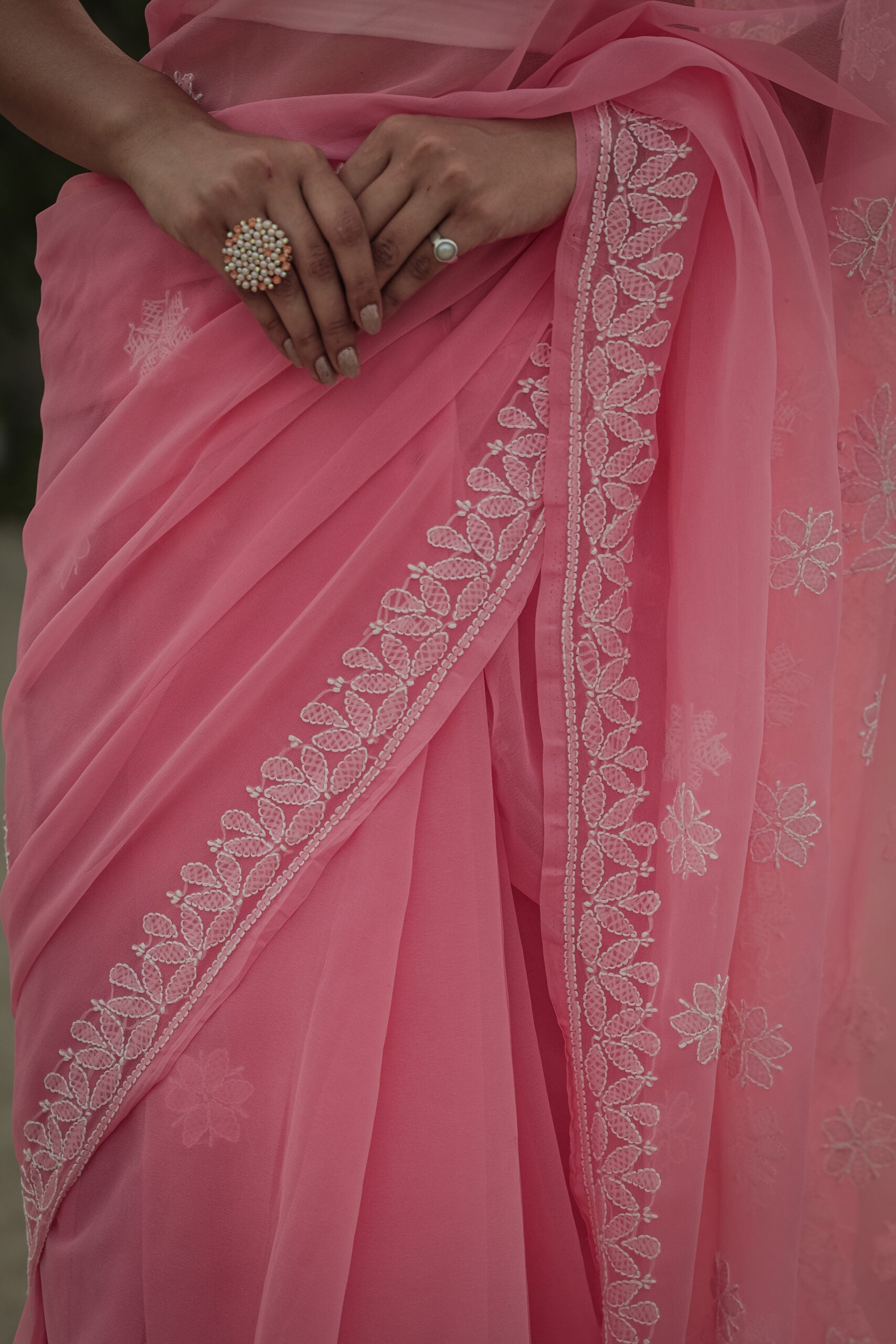 Urviya Chikankari Viscose Georgette Saree with Palla Booti Pink