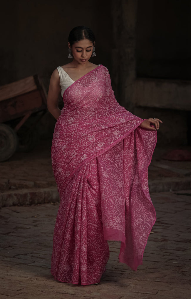 Urviya Chikankari Kota Doria Saree - Tepchi Work Pink