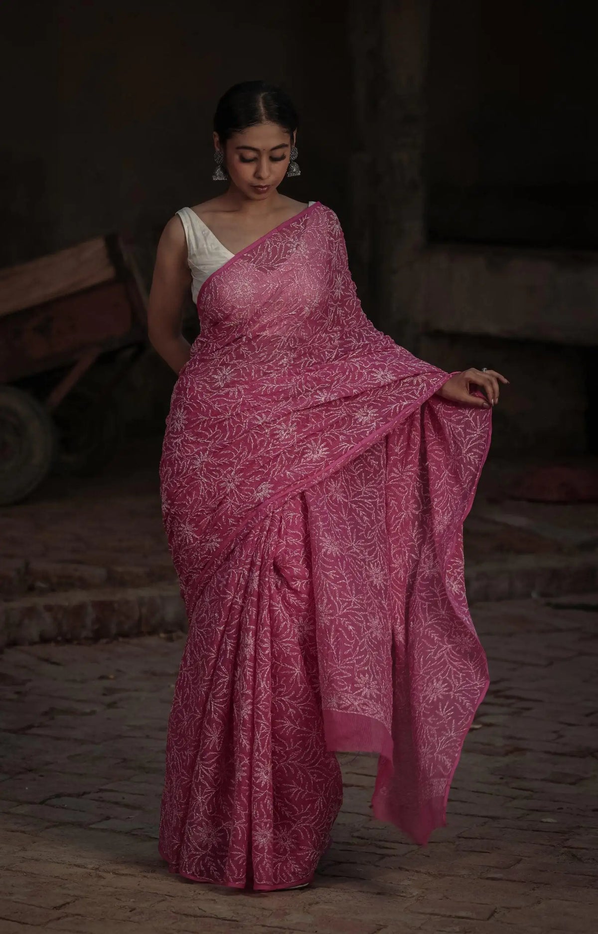 Pink Kota Doria Chikankari Tepchi Work Saree Pink Kota Doria Chikankari Tepchi Work Saree 