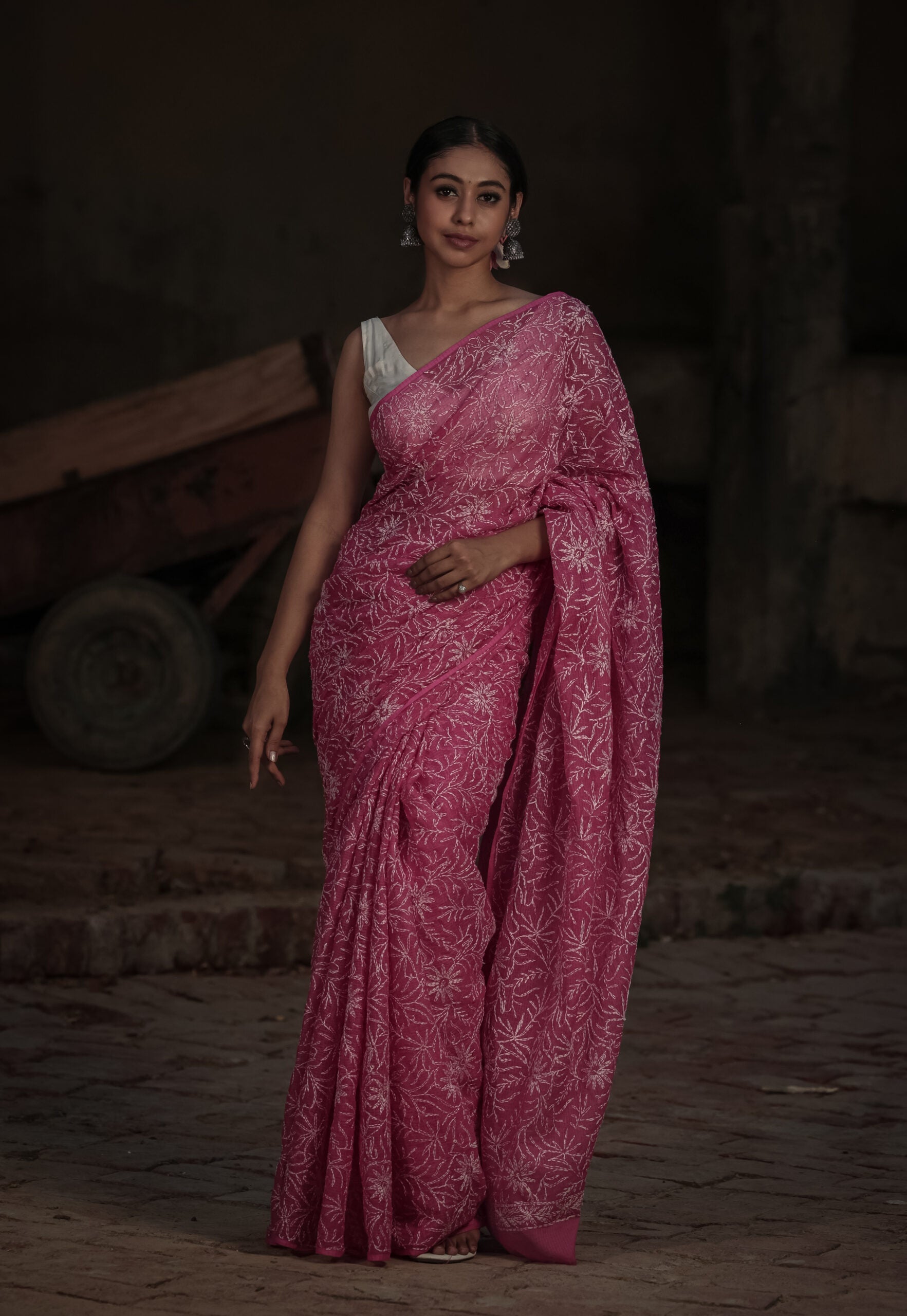 Urviya Chikankari Kota Doria Saree - Tepchi Work Pink