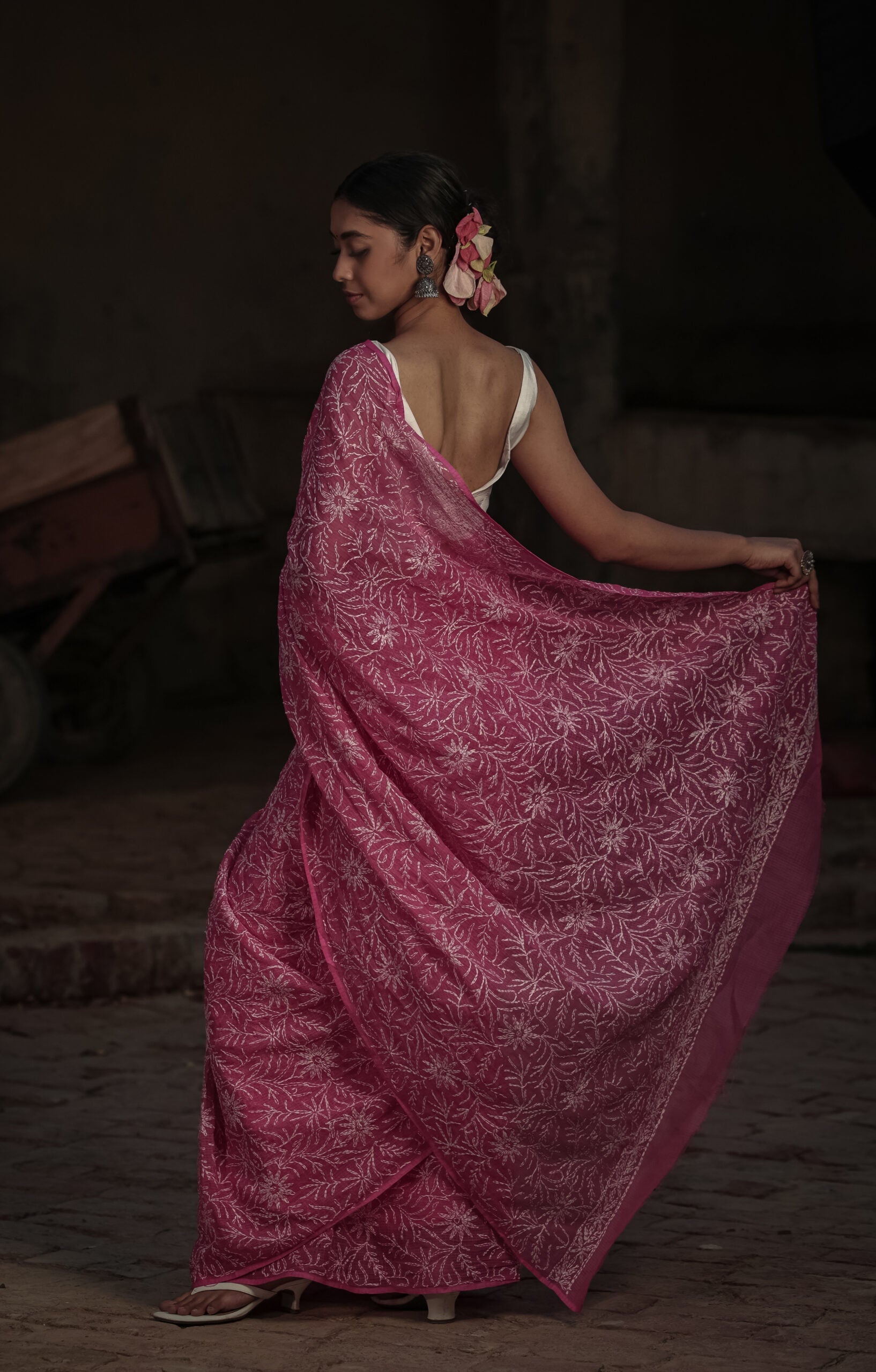 Pink Kota Doria Chikankari Tepchi Work Saree