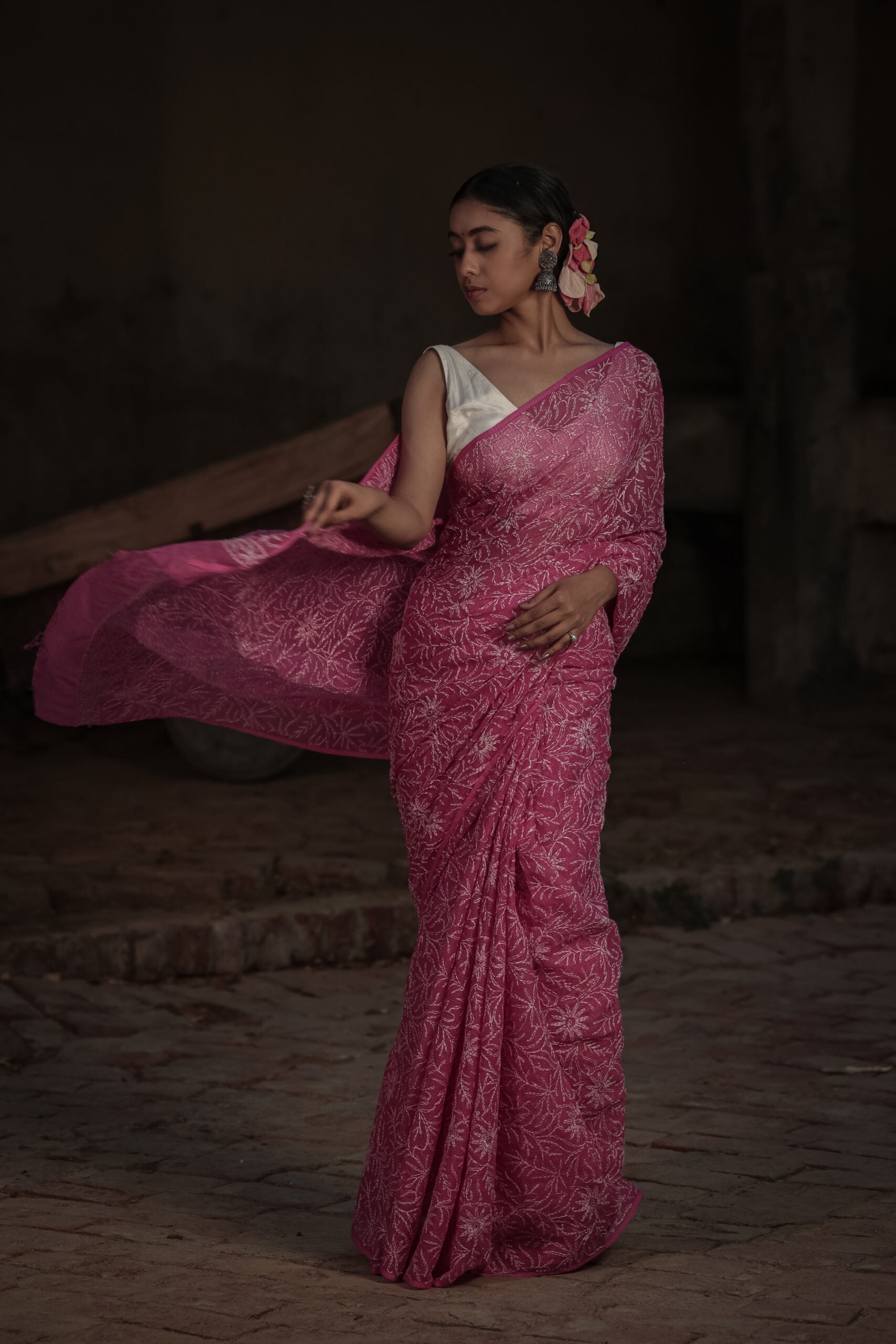 Pink Kota Doria Chikankari Tepchi Work Saree