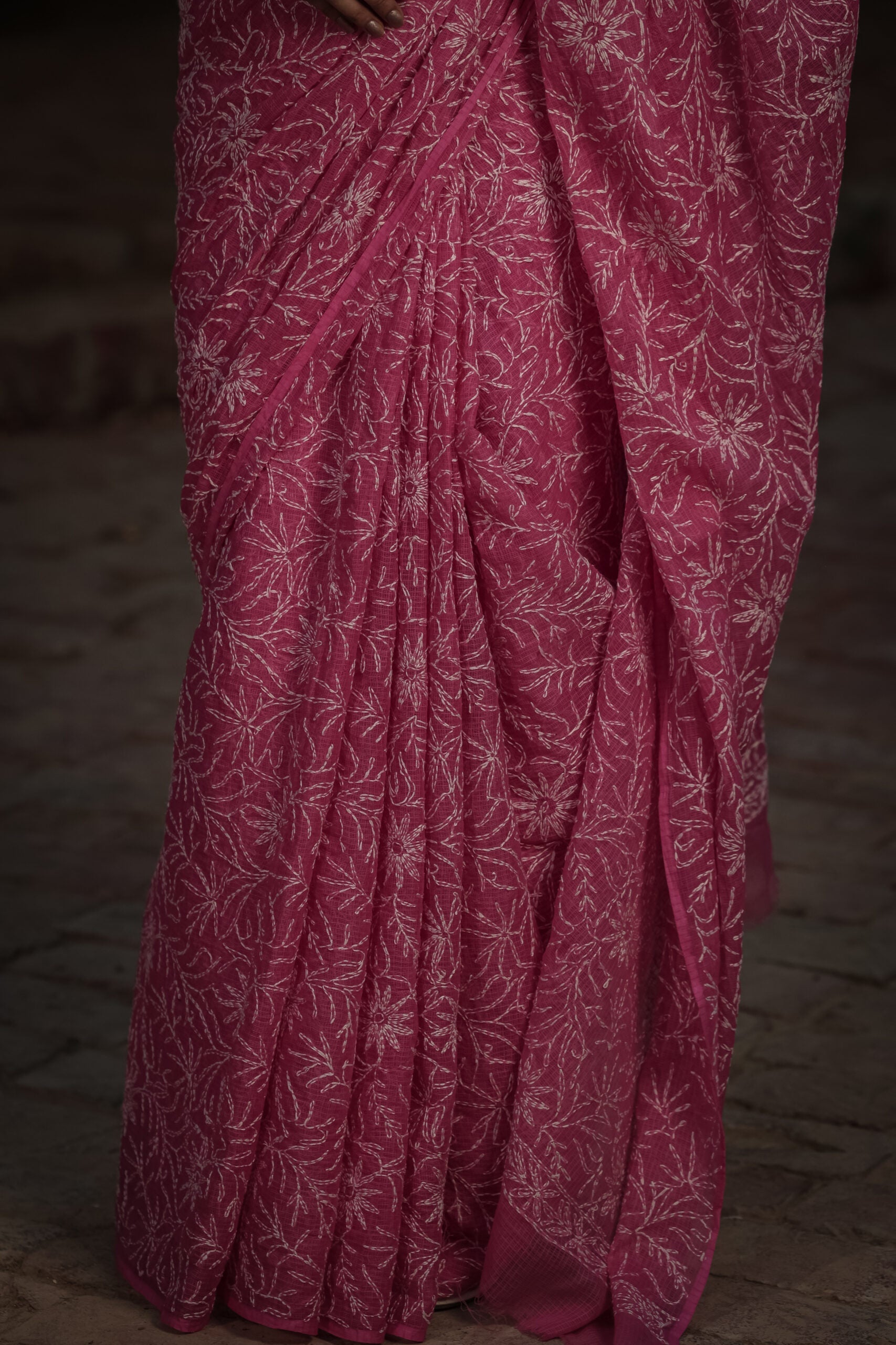 Pink Kota Doria Chikankari Tepchi Work Saree