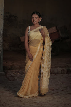 Yellow Viscose Georgette Palla Booti Chikankari Saree