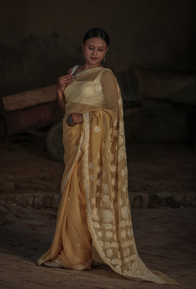 Urviya Chikankari Viscose Georgette Saree with Palla Booti Yellow