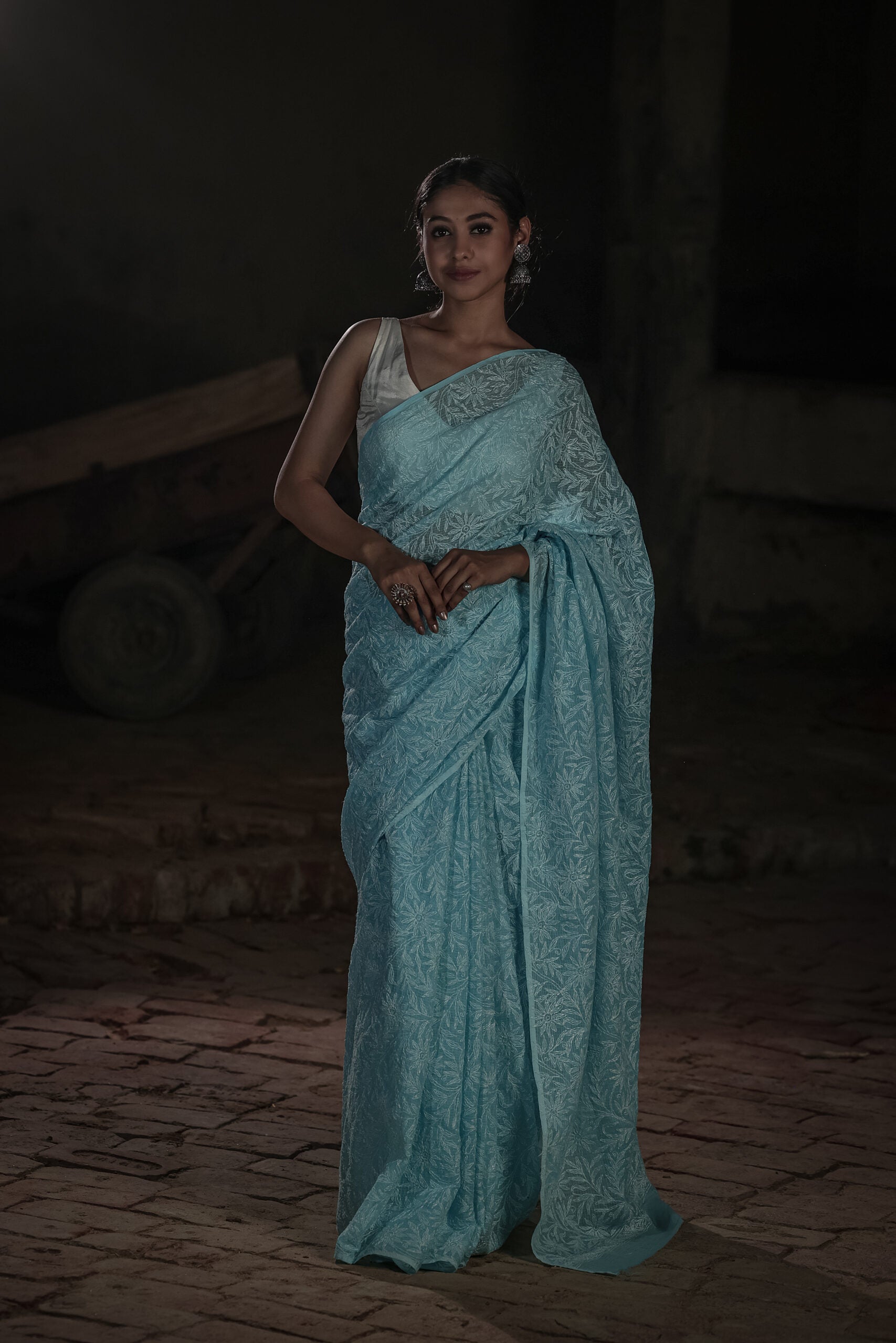 Urviya Chikankari Kota Doria Saree - Tepchi Work Blue