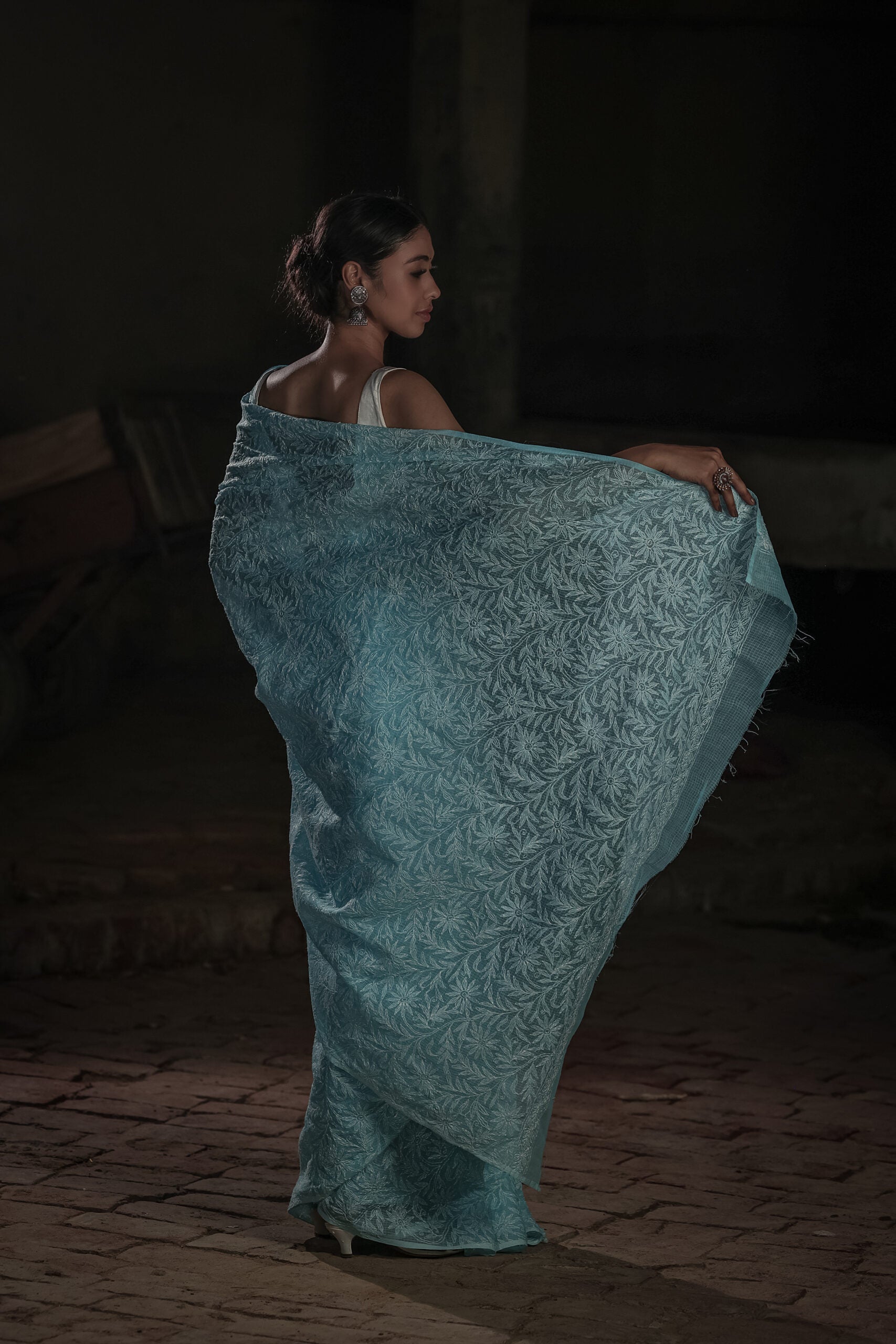 Urviya Chikankari Kota Doria Saree - Tepchi Work Blue