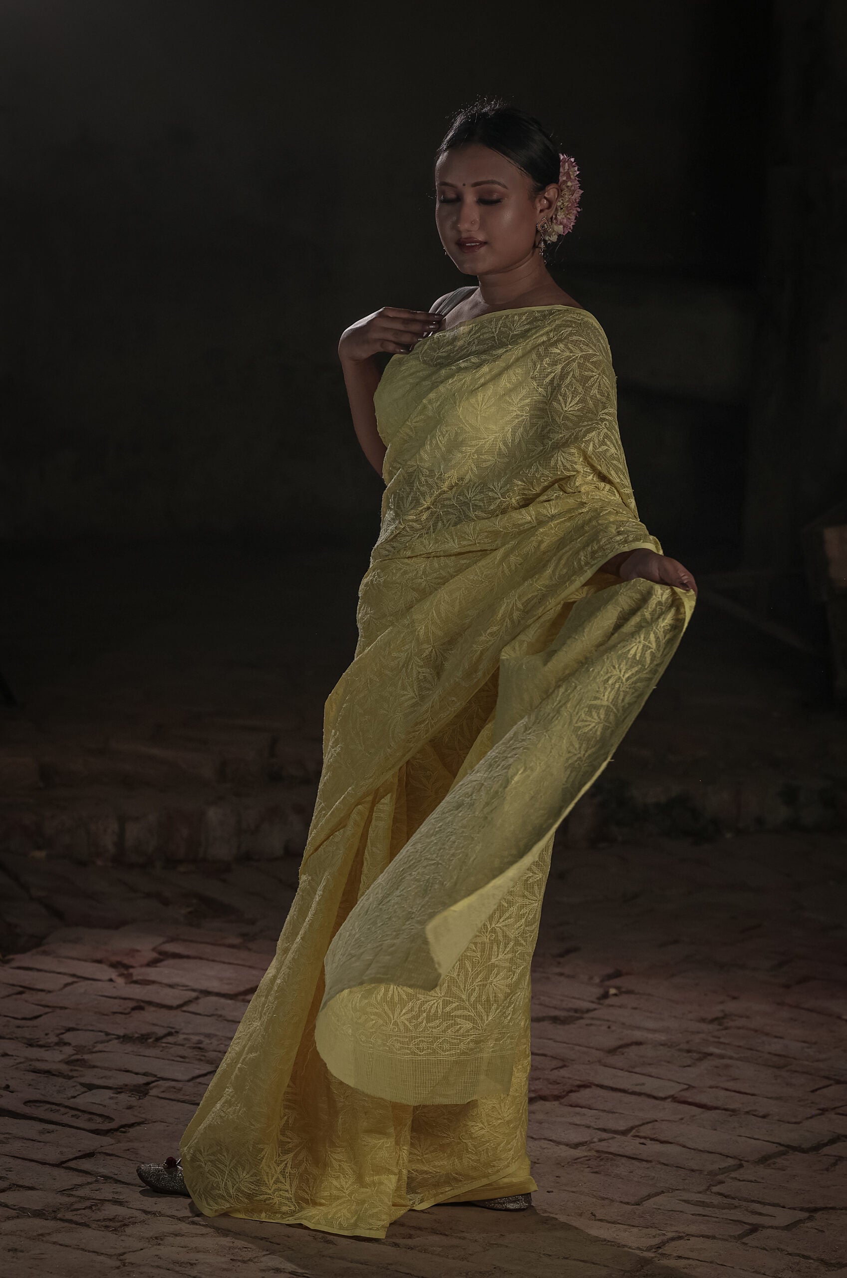 Urviya Chikankari Kota Doria Saree - Tepchi Work Yellow