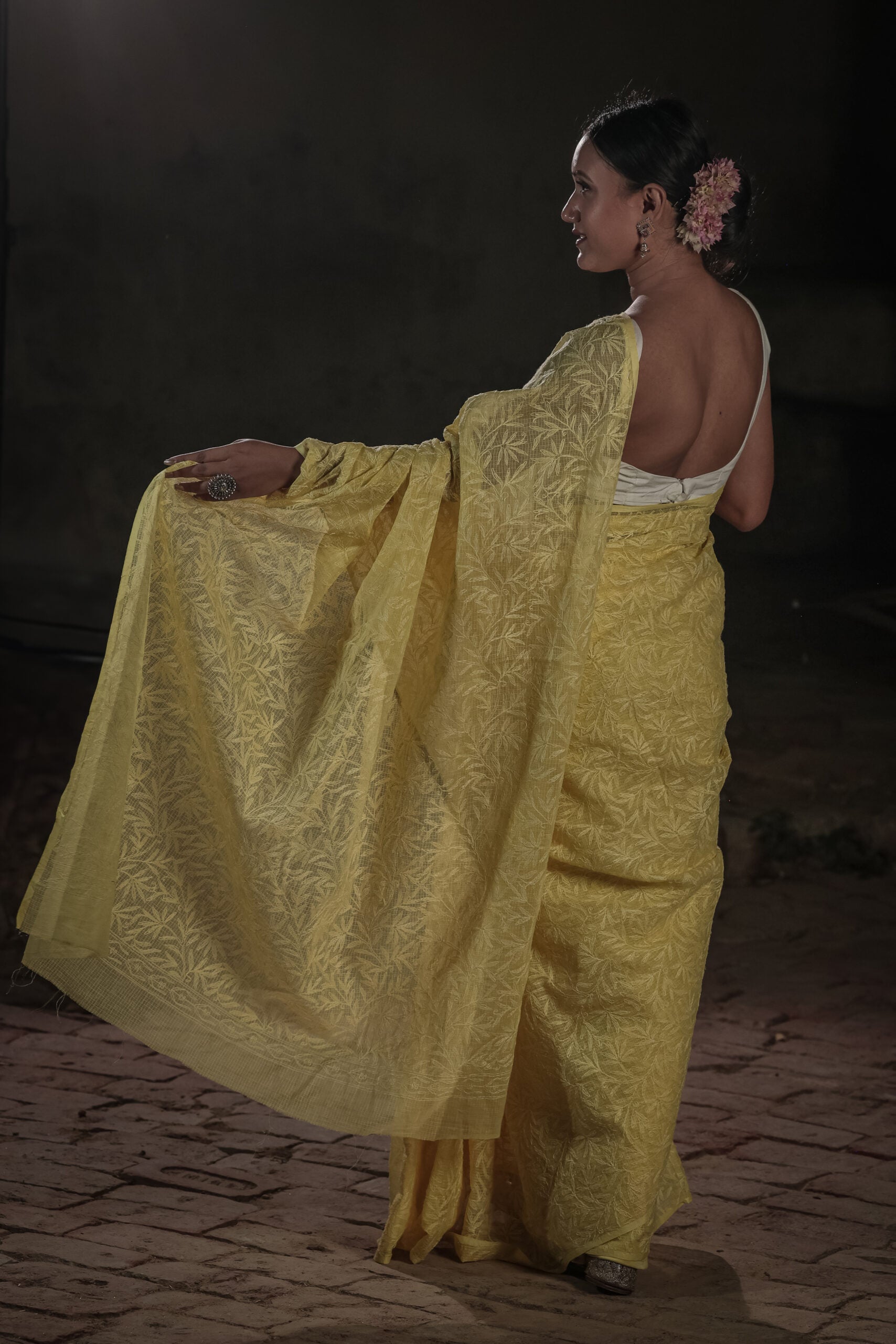 Urviya Chikankari Kota Doria Saree - Tepchi Work Yellow