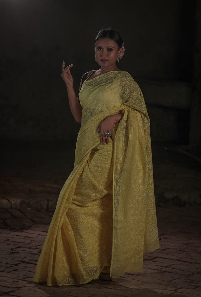 Urviya Chikankari Kota Doria Saree - Tepchi Work Yellow