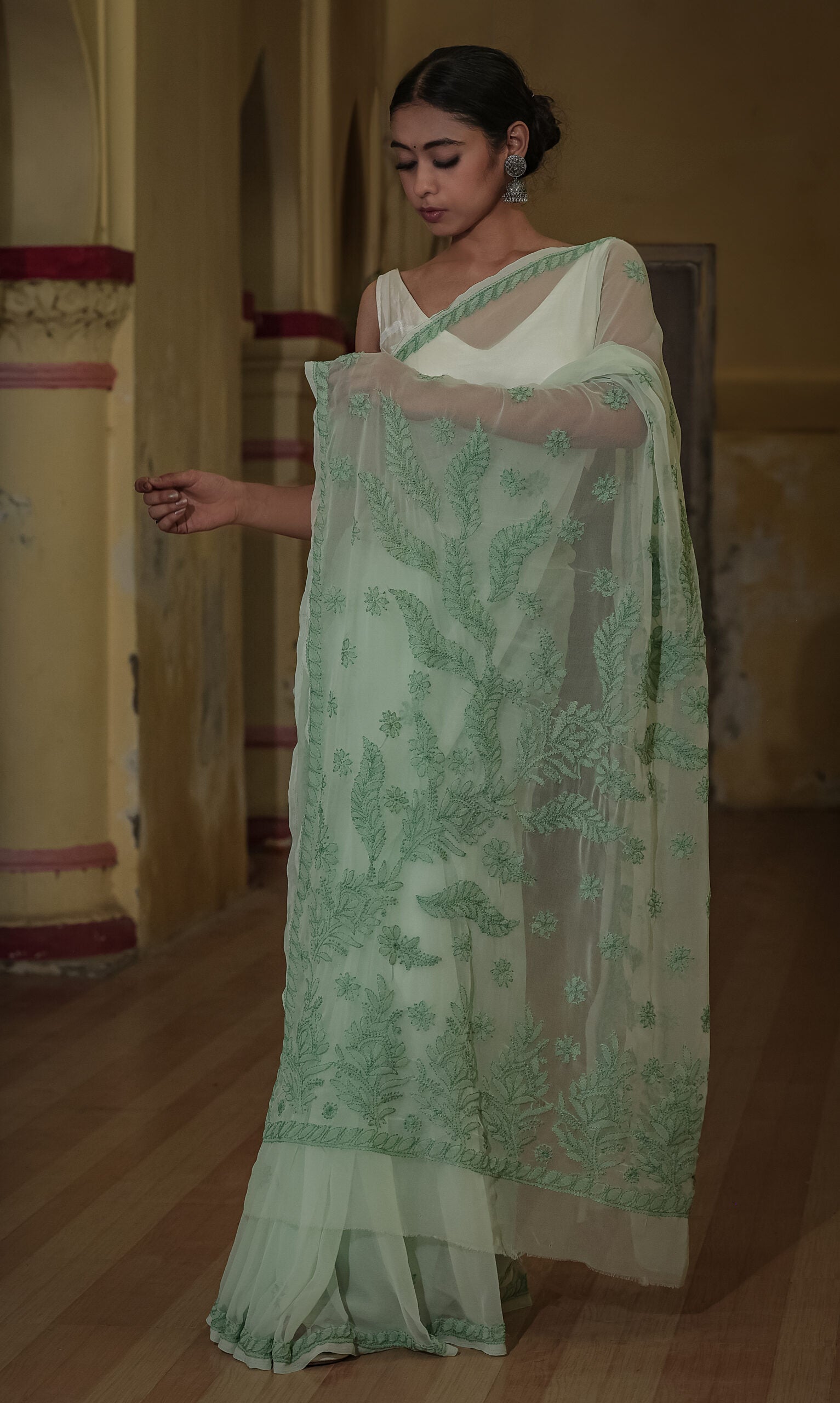 Light Green Viscose Georgette Contrast Chikankari Saree