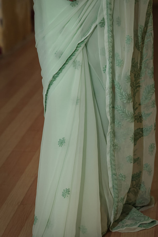Urviya Chikankari Viscose Georgette Tone on Tone Saree Green