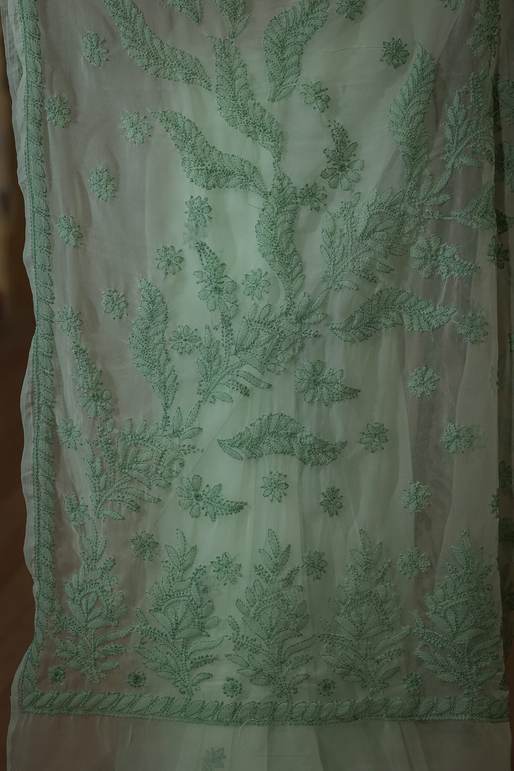 Light Green Viscose Georgette Contrast Chikankari Saree