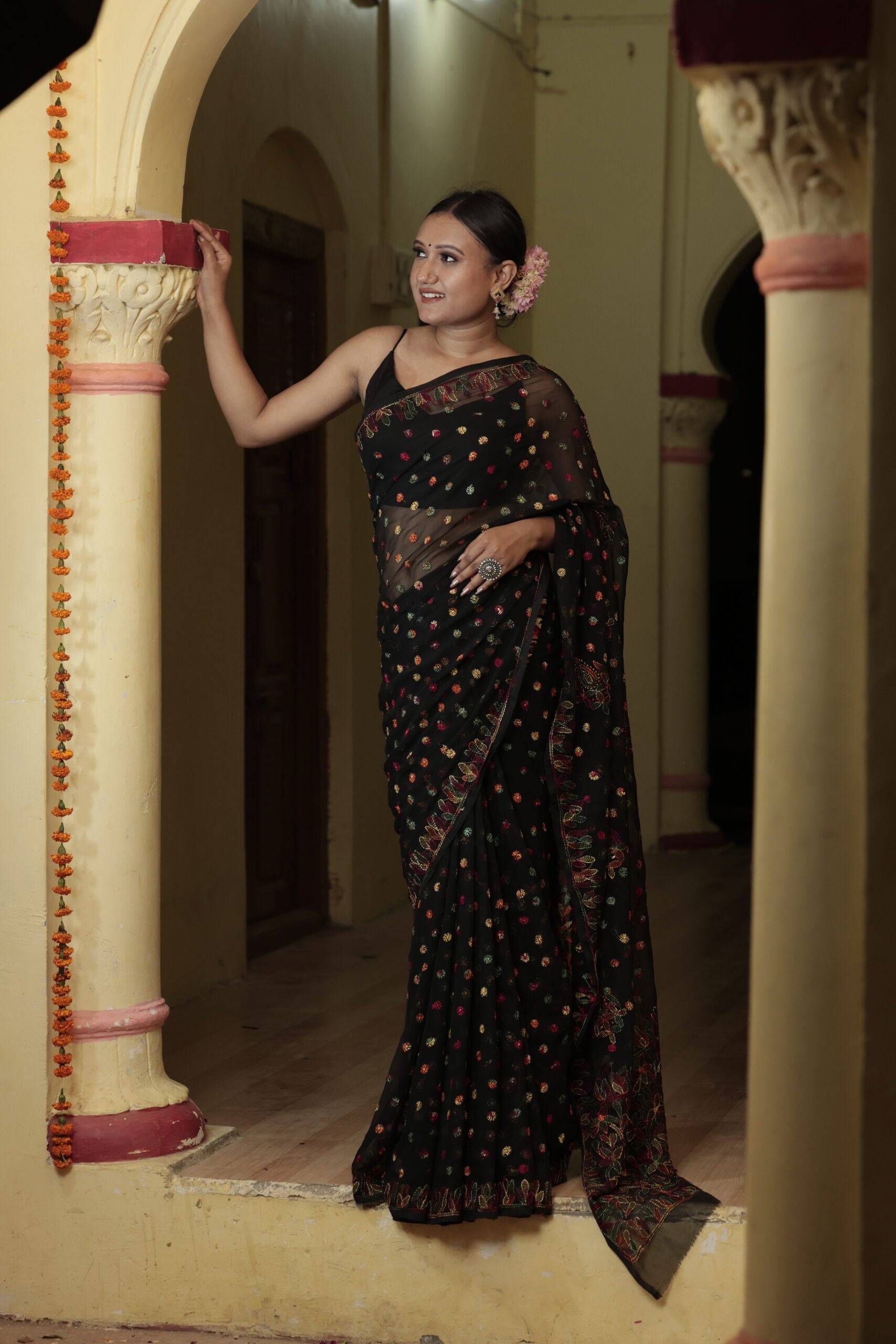 Urviya Chikankari Viscose Georgette Saree with Keel Jaal Work Black