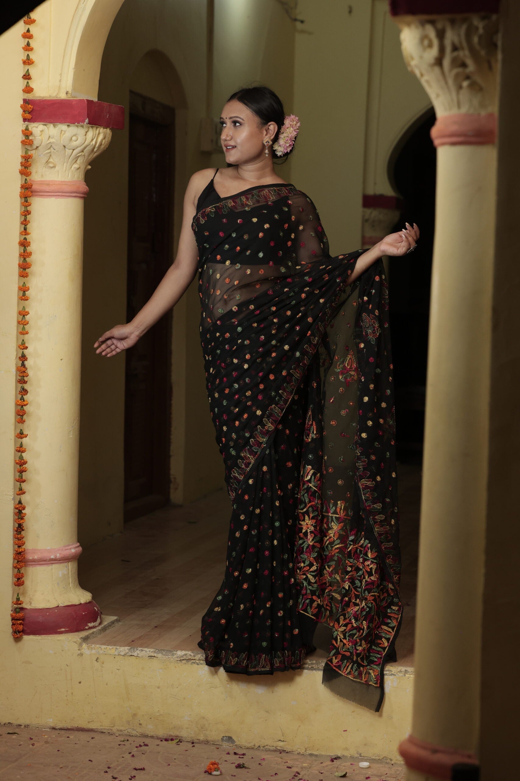 Urviya Chikankari Viscose Georgette Saree with Keel Jaal Work Black