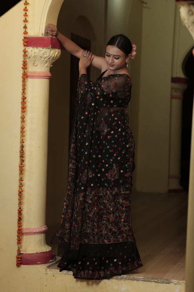 Urviya Chikankari Viscose Georgette Saree with Keel Jaal Work Black