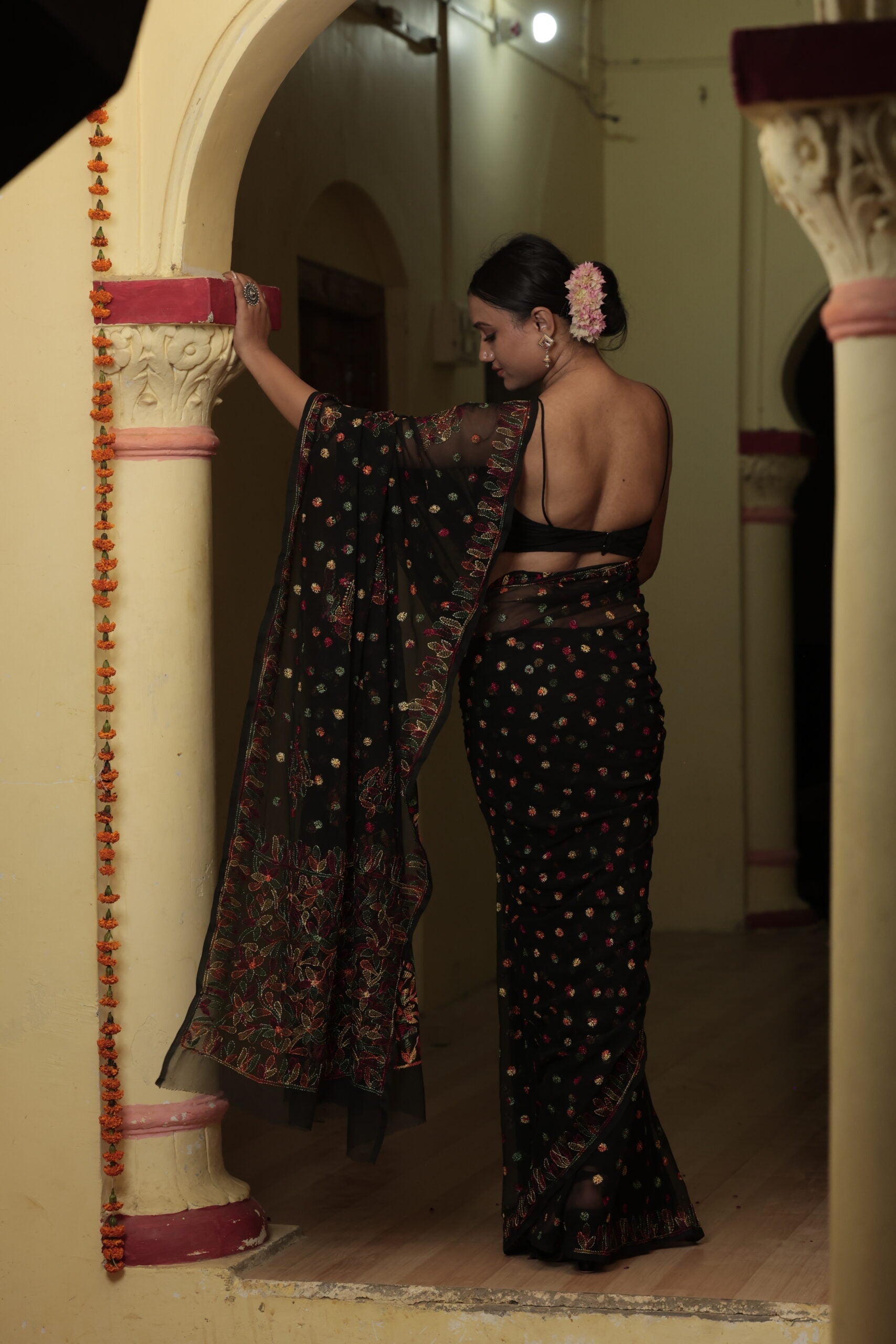 Black Viscose Georgette Chikankari Keel Jaal Work Saree