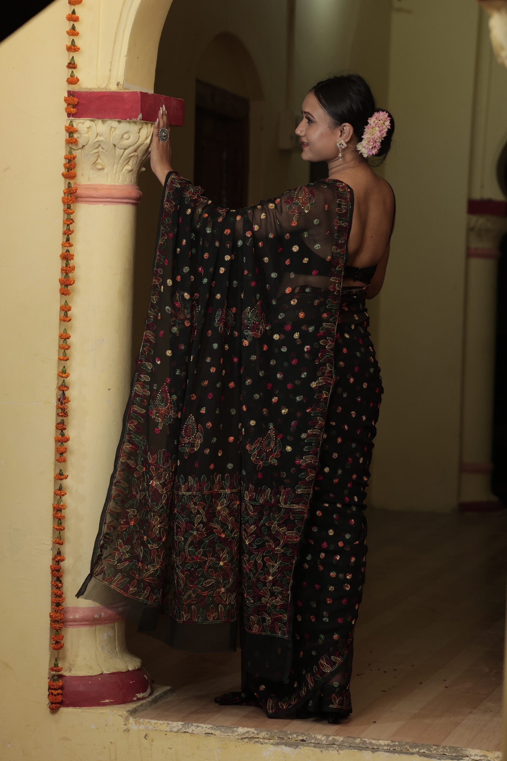 Black Viscose Georgette Chikankari Keel Jaal Work Saree