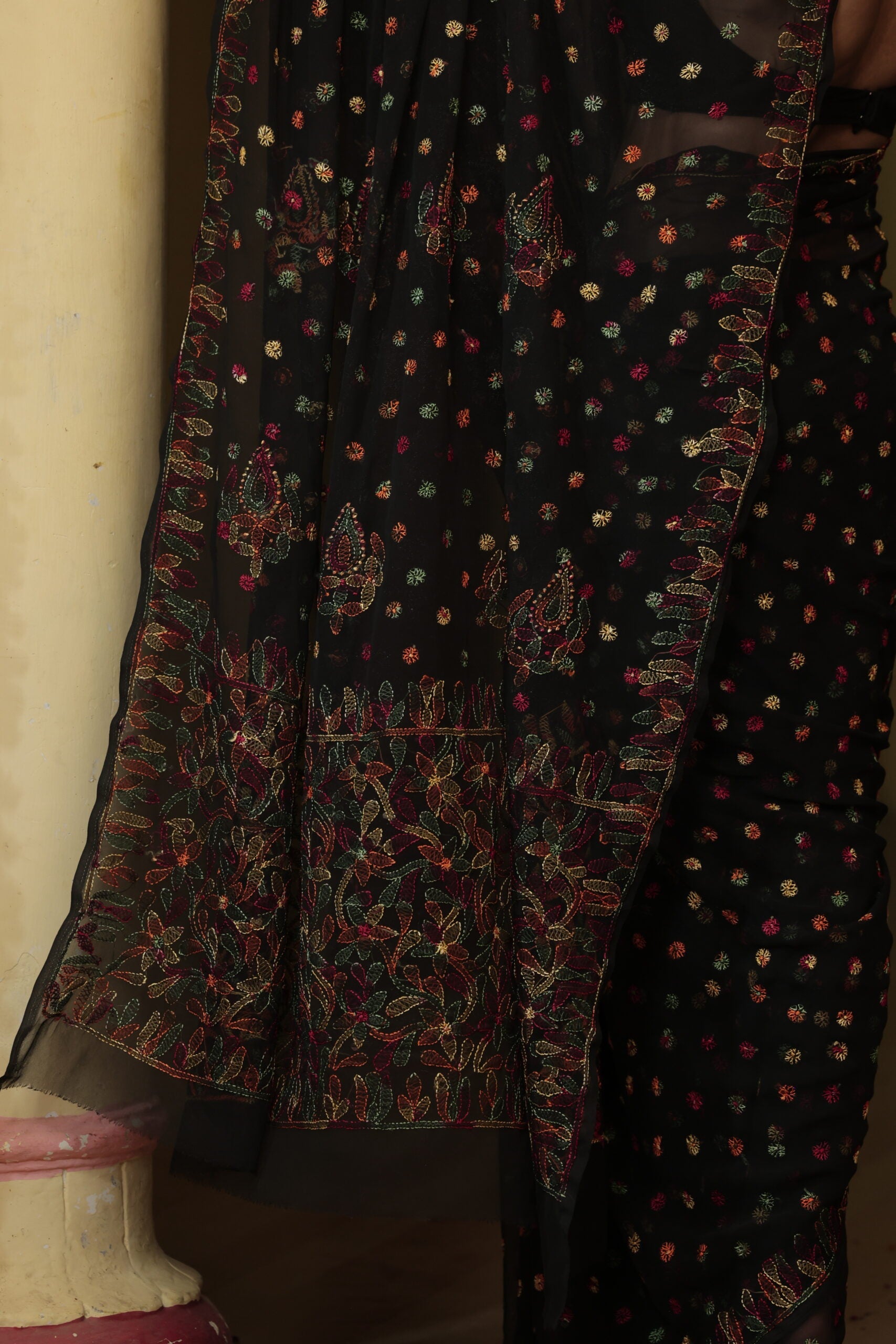 Black Viscose Georgette Chikankari Keel Jaal Work Saree