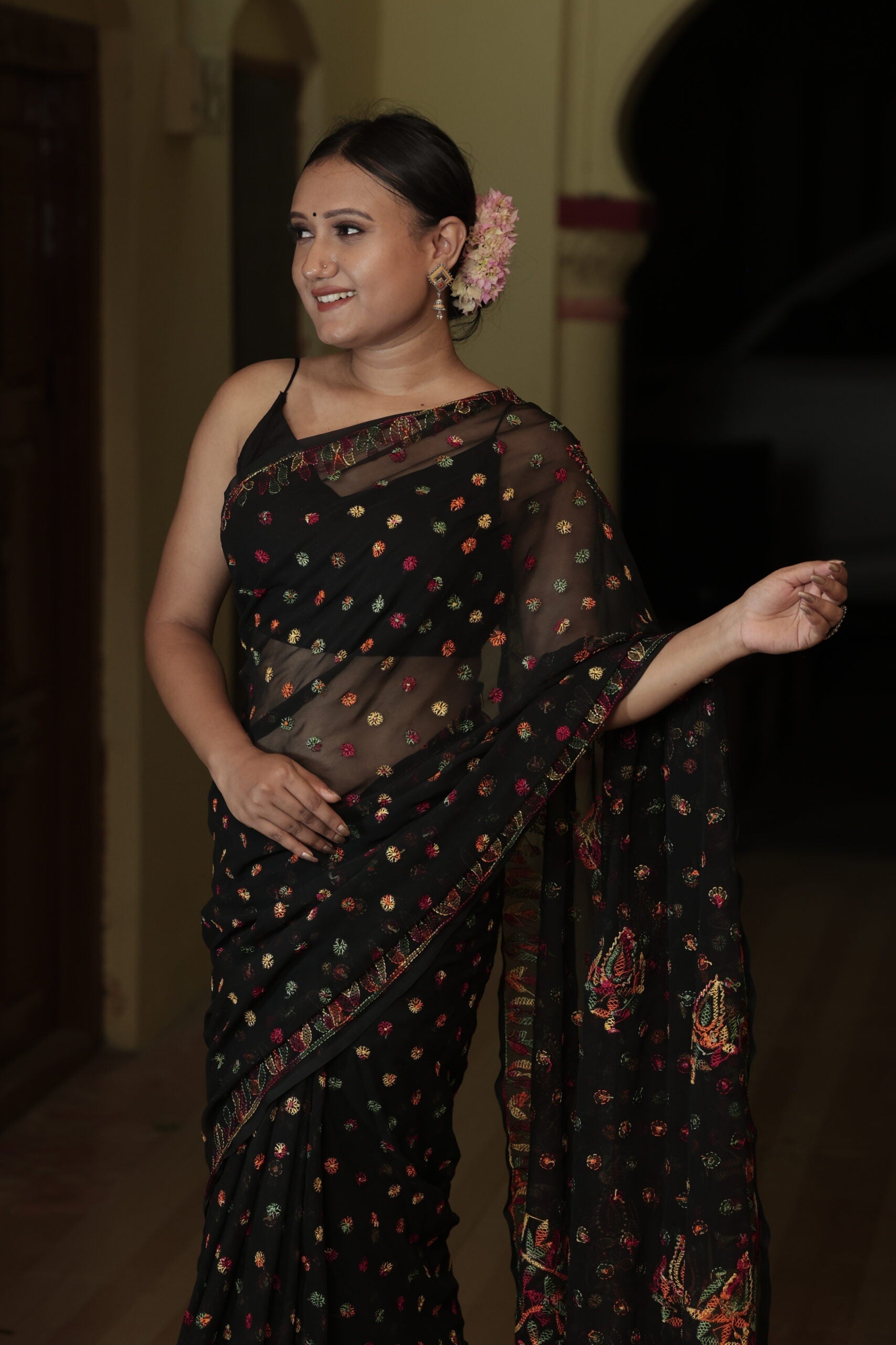 Black Viscose Georgette Chikankari Keel Jaal Work Saree