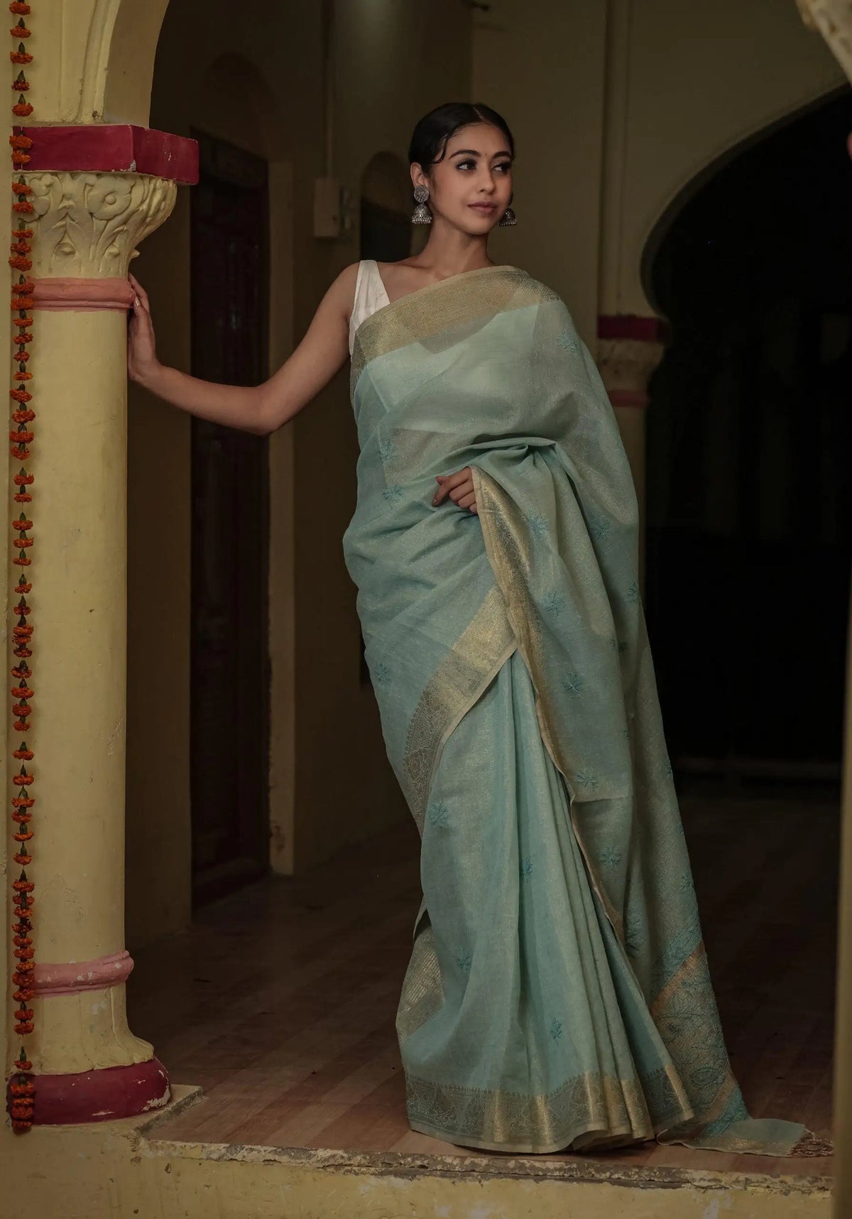 Light Blue Chanderi Banarasi Tone on Tone Chikankari Saree Light Blue Chanderi Banarasi Tone on Tone Chikankari Saree 