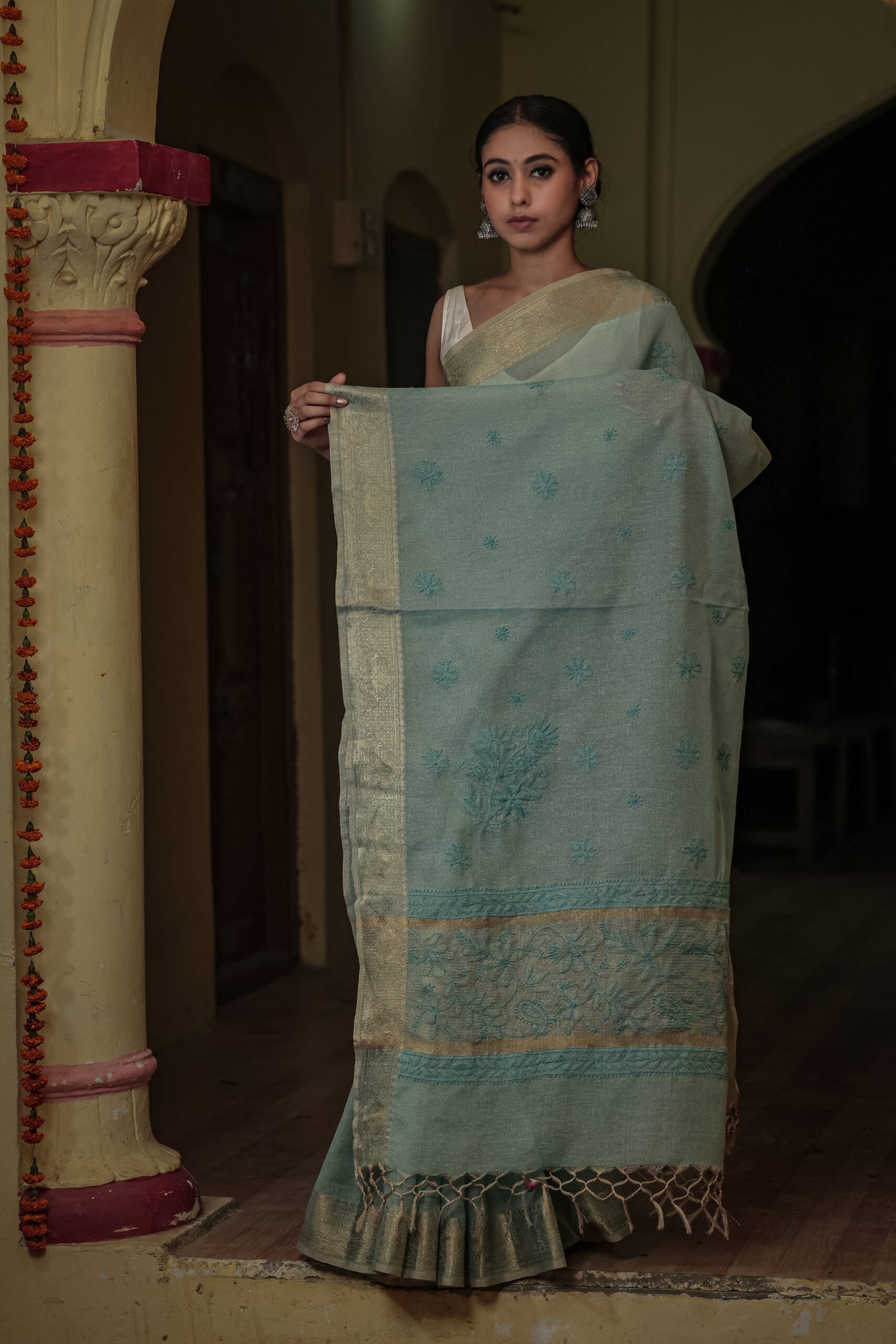 Urviya Chikankari Chanderi Banarasi Tone on Tone Saree Blue