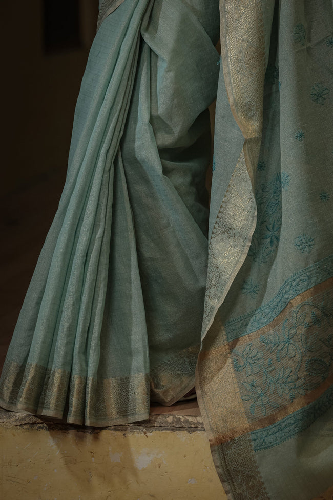 Urviya Chikankari Chanderi Banarasi Tone on Tone Saree Blue