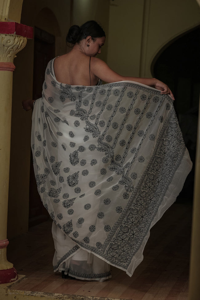 Urviya Chikankari Viscose Georgette Tone on Tone Saree Black & White