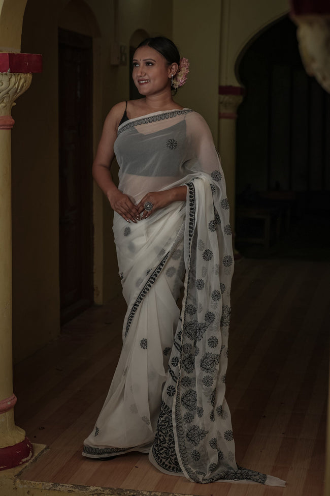 Urviya Chikankari Viscose Georgette Tone on Tone Saree Black & White