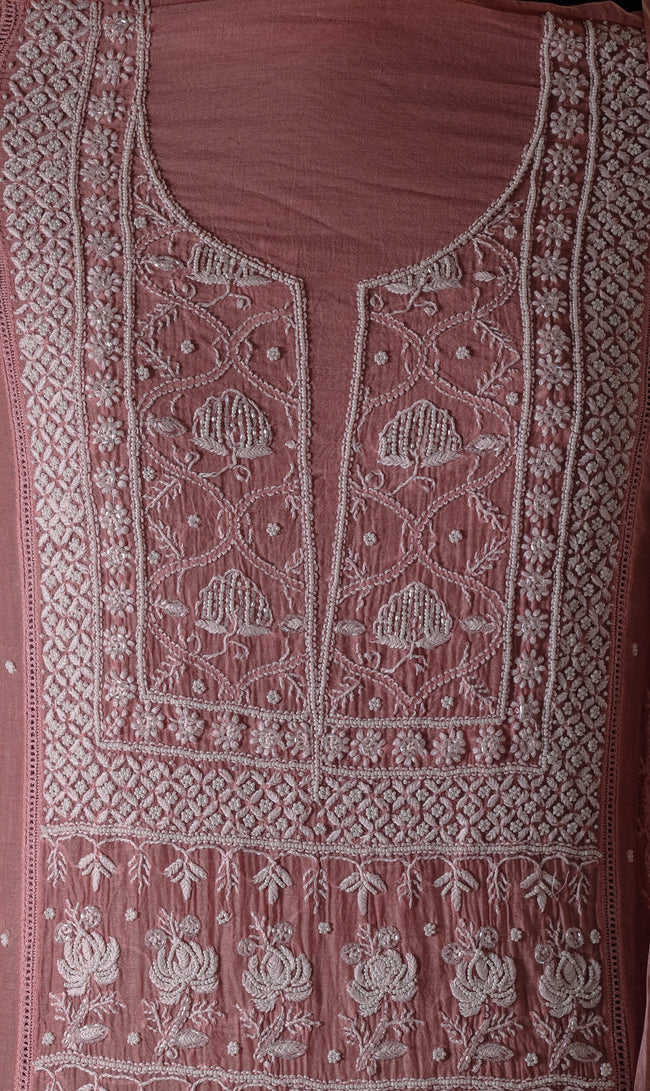 Urviya Unstiched Chikankari Mul Chanderi Suit Piece With Cutdana and Pearl Work