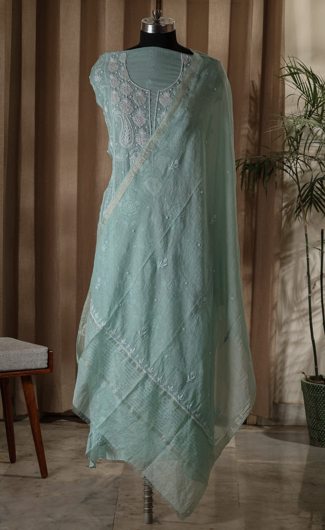 Urviya Unstiched Chikankari Mul Chanderi Suit Piece With Cutdana and Pearl Work