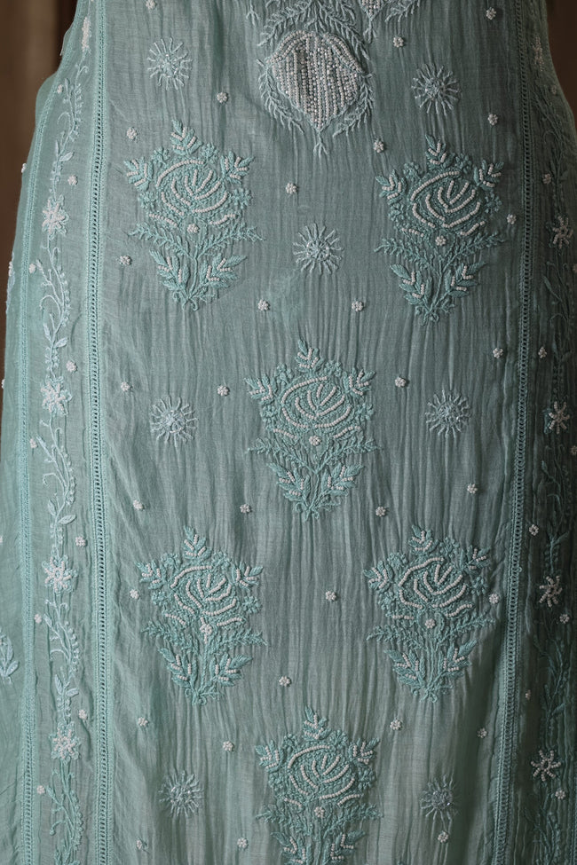 Urviya Unstiched Chikankari Mul Chanderi Suit Piece With Cutdana and Pearl Work
