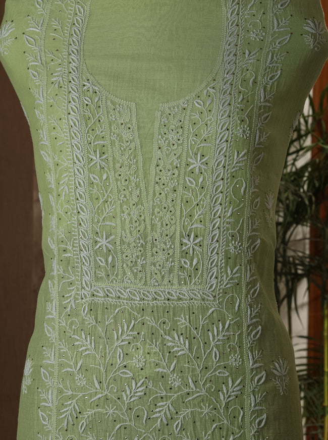 Urviya Unstiched Chikankari Mul Chanderi Suit With Mukaish Work