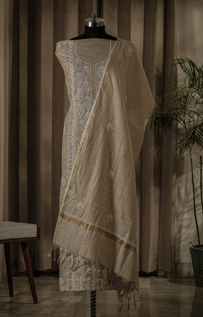 Urviya Chikankari Unstiched Semi Tissue Suit - Cutdana & Moti Work - Pattern 1