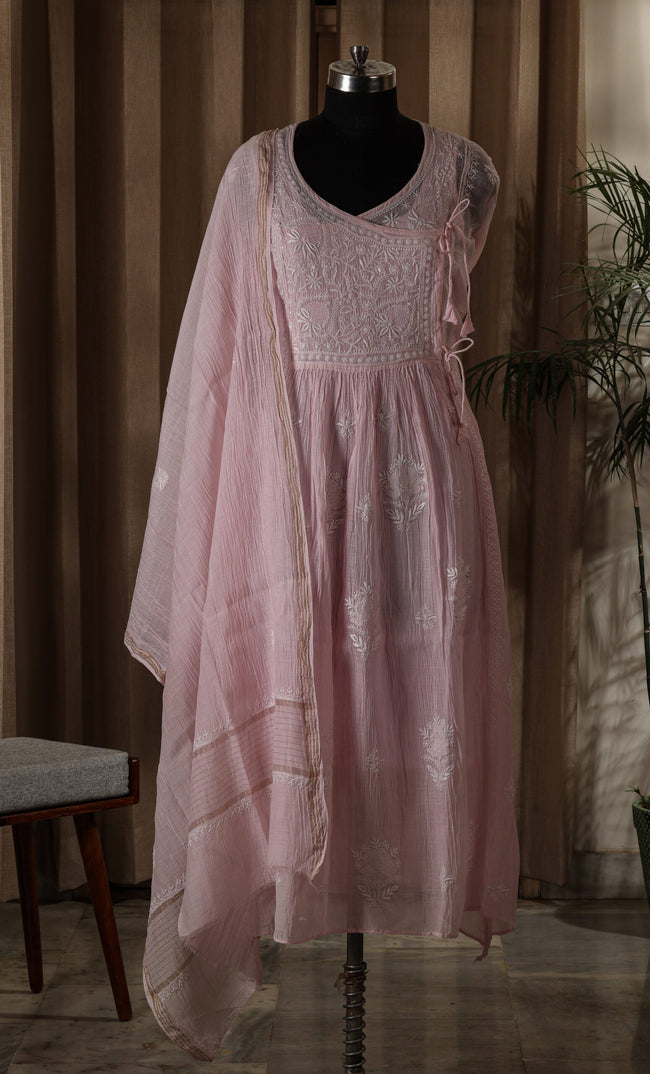 Urviya Semi Stiched Chikankari Mul Chanderi Angrakha Suit Piece