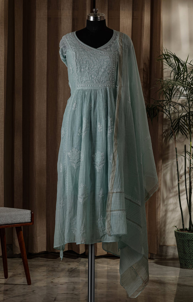 Urviya Semi Stiched Chikankari Mul Chanderi Angrakha Suit Piece