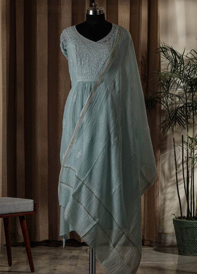 Urviya Semi Stiched Chikankari Mul Chanderi Angrakha Suit Piece