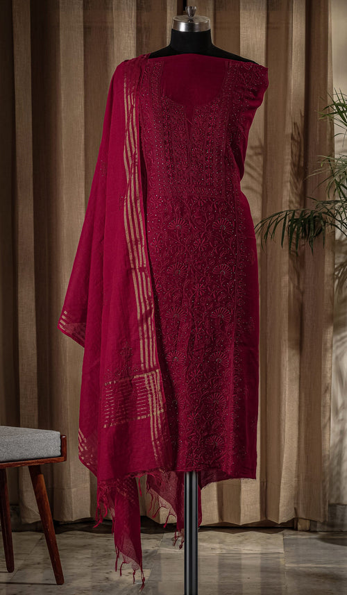 Urviya Unstiched Chikankari Chanderi Suit With Mukaish Work