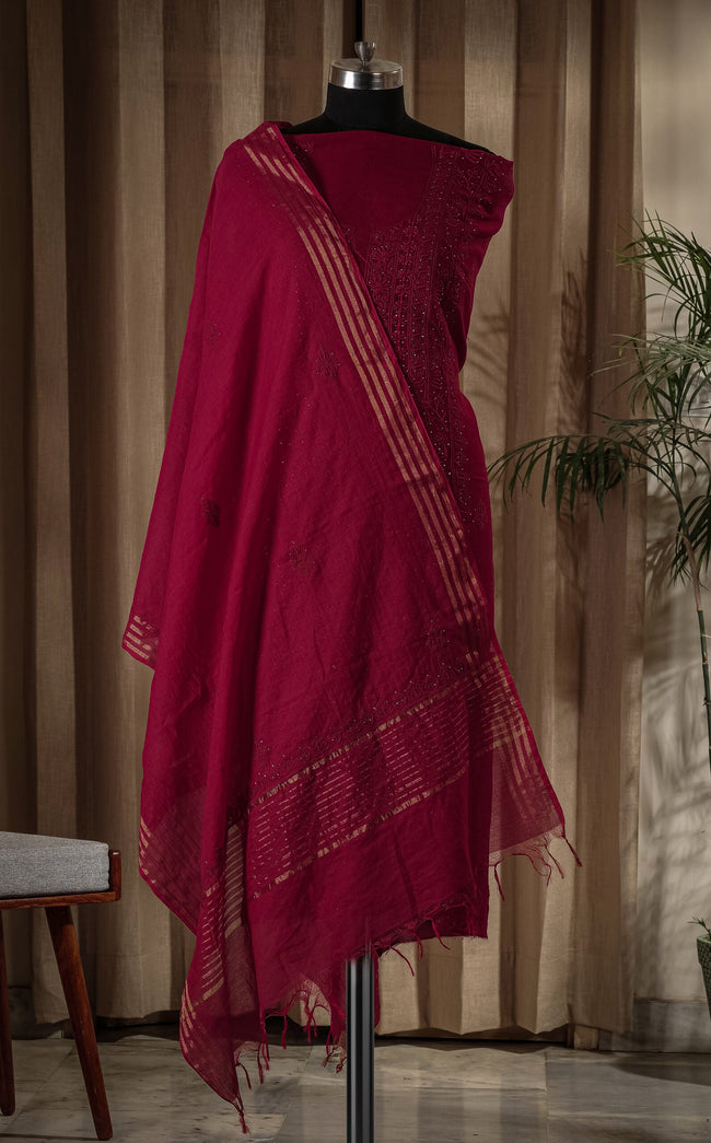 Urviya Unstiched Chikankari Chanderi Suit With Mukaish Work
