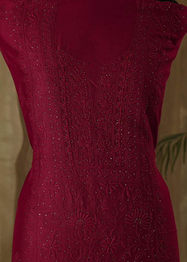 Urviya Unstiched Chikankari Chanderi Suit With Mukaish Work