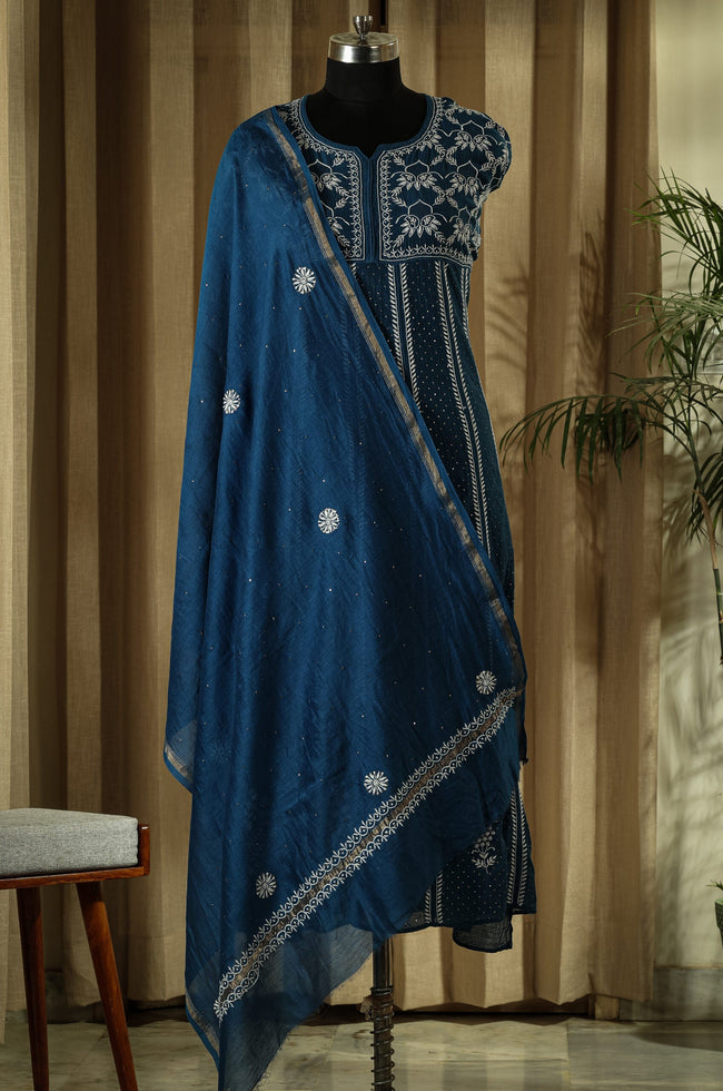 Urviya Semi Stiched Chikankari Mul Chanderi Anarkali with Mukaish Work