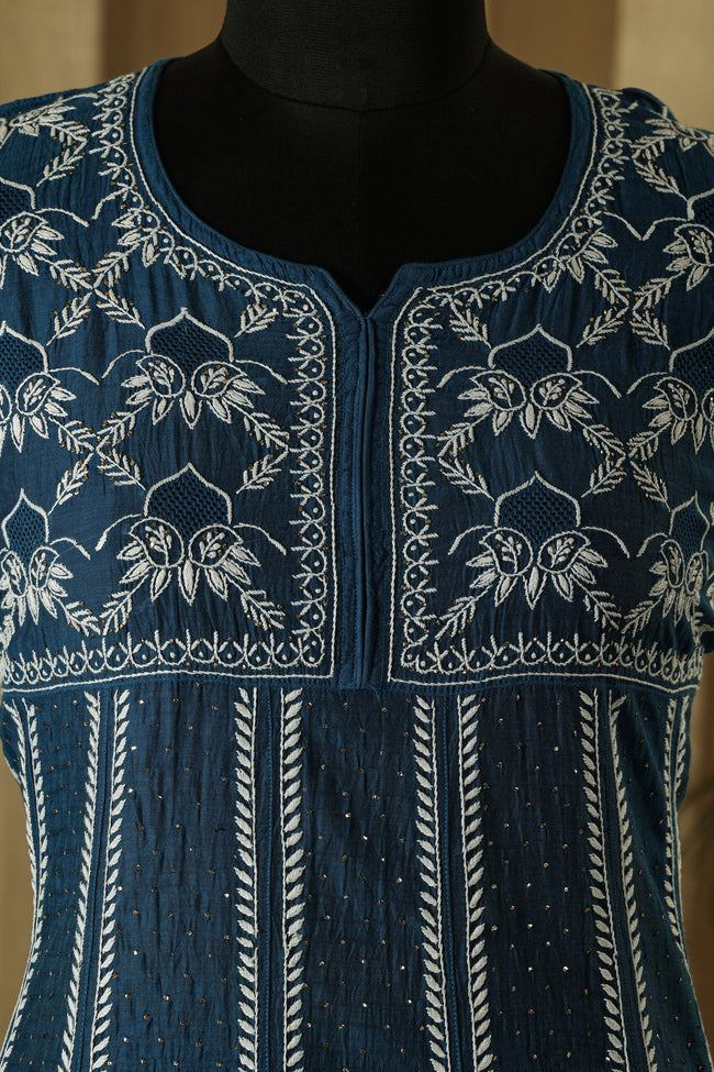 Urviya Semi Stiched Chikankari Mul Chanderi Anarkali with Mukaish Work