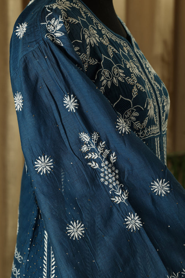 Urviya Semi Stiched Chikankari Mul Chanderi Anarkali with Mukaish Work