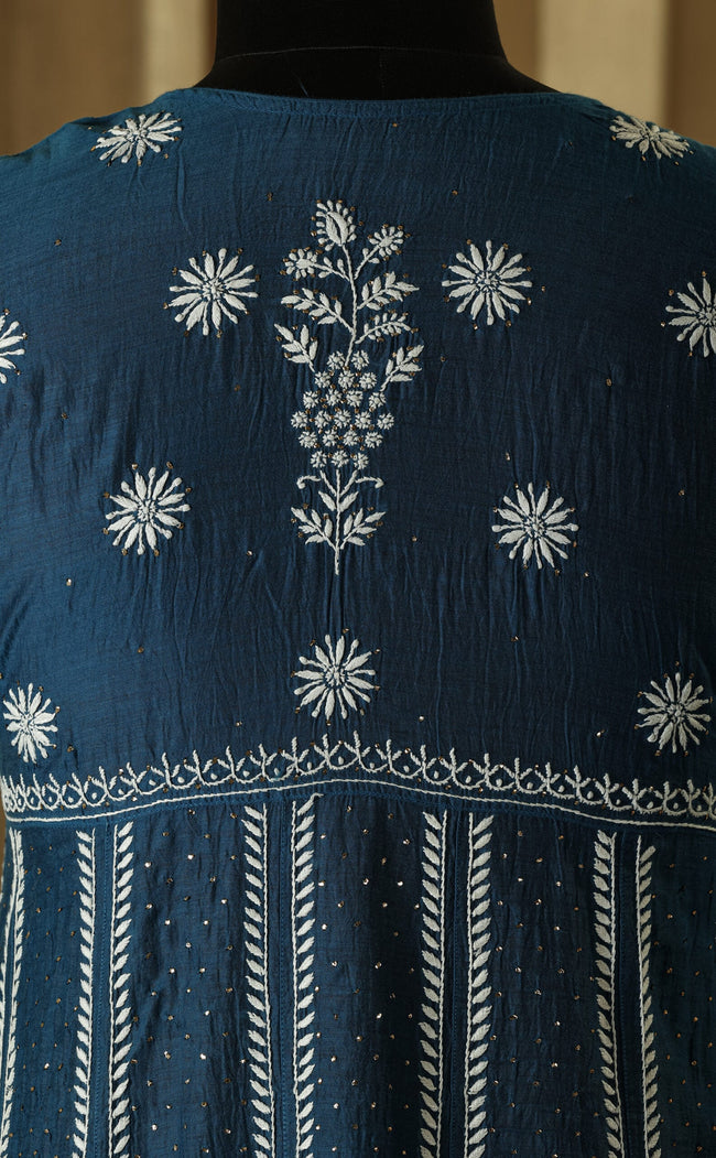 Urviya Semi Stiched Chikankari Mul Chanderi Anarkali with Mukaish Work
